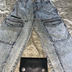 1983 bugle boy jeans and bikers wallet size 32w long  made for folding cuffs